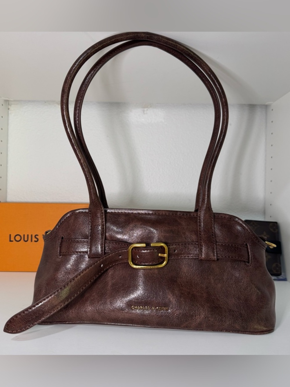 Charles & Keith Dark Brown Leather Shoulder Bag with Gold Buckle